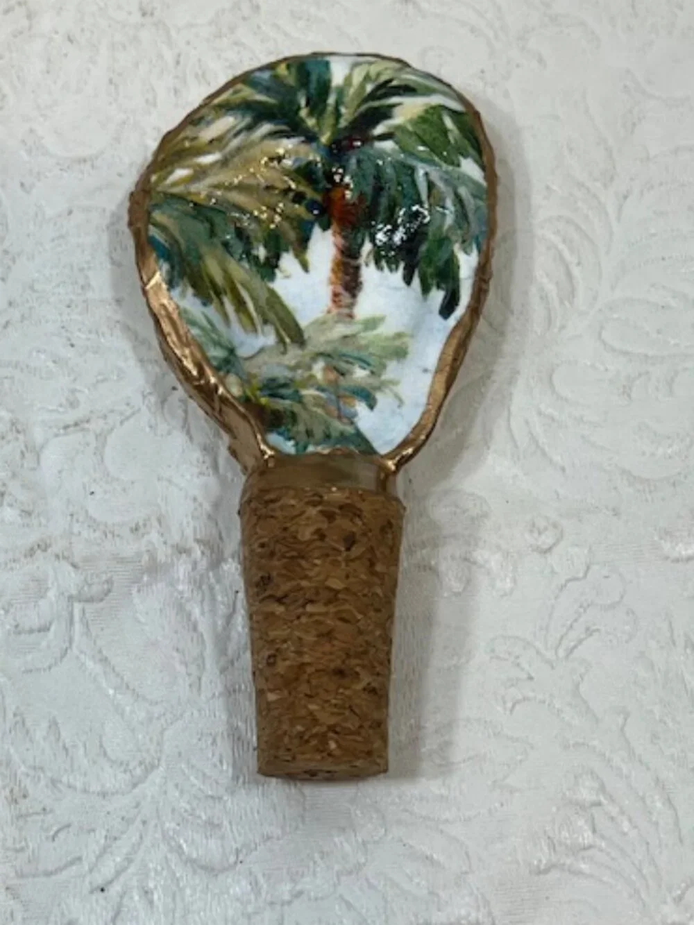 Handcrafted Decoupage Real Oyster Shell Bottle Stopper Tropical Palm Tree Design